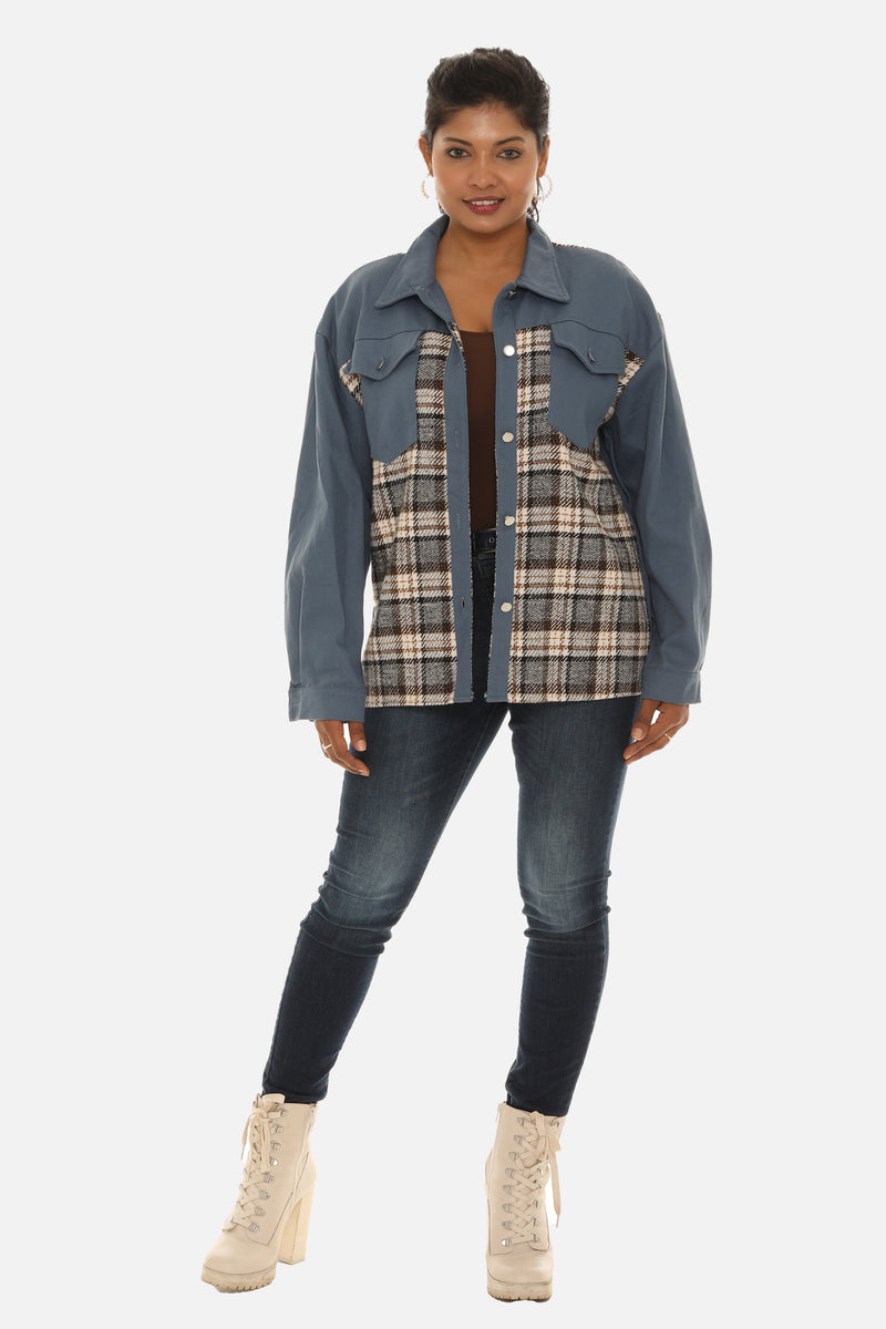 Women's Plaid Patchwork Cotton Twill Denim Button Jacket