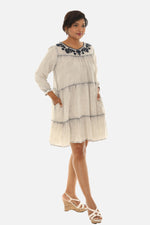 Multi Tier Long Sleeve Embroidered Neck Rayon Dress