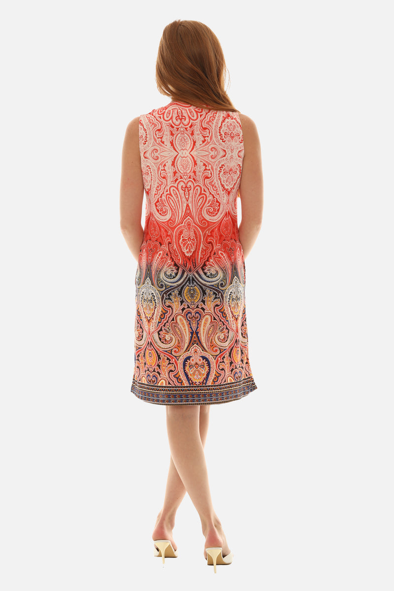 Sleevless Mandarin V-Neck Paisley Dress