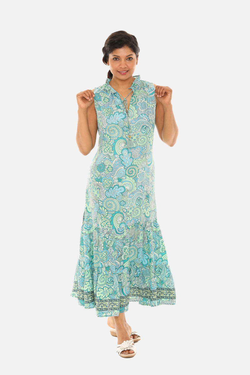 Turquoise & Blue Floral Lace-Up Notch Neck Sleeveless Maxi Dress