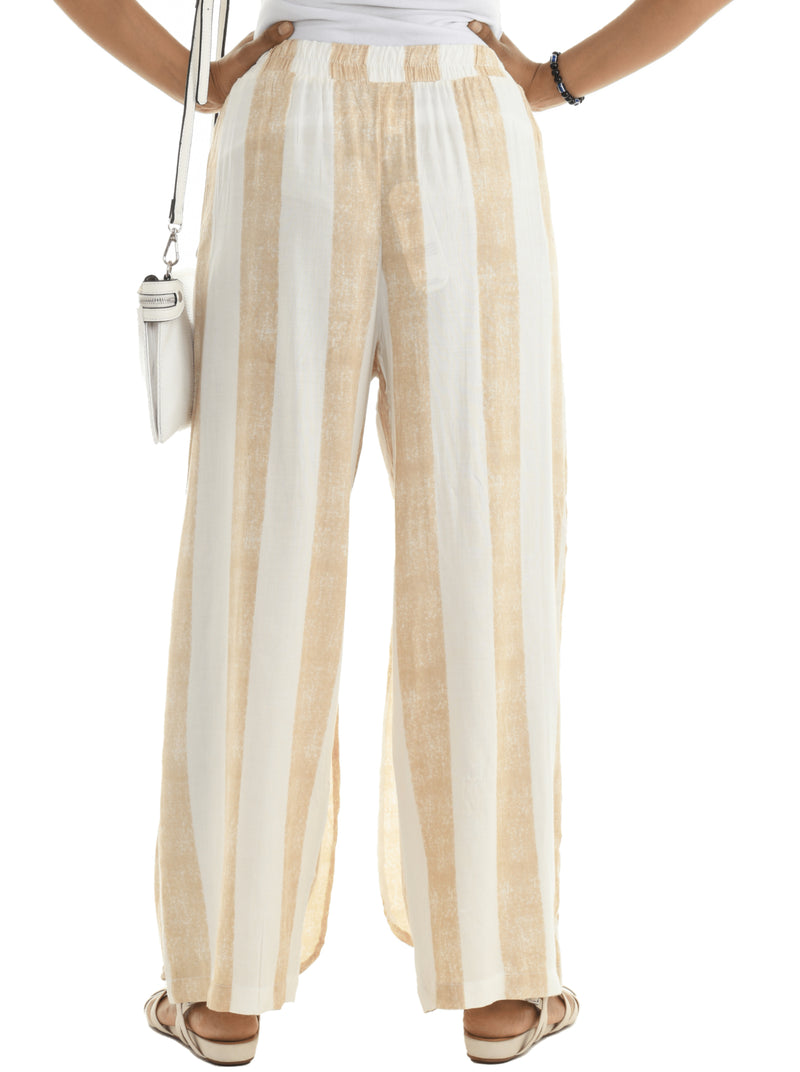 Beige & White Stripe Drawstring Pants - Women