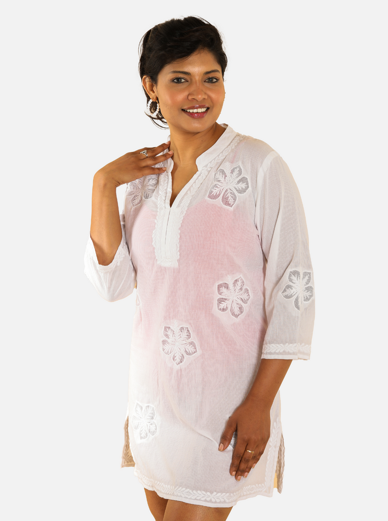 White Embroidered Three-Quarter Sleeve Tunic/Cover up