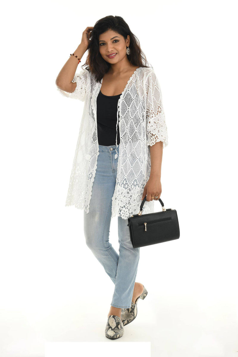 Embroidered Scalloped Trim Lace Duster Cardigan - Shoreline Wear, Inc.