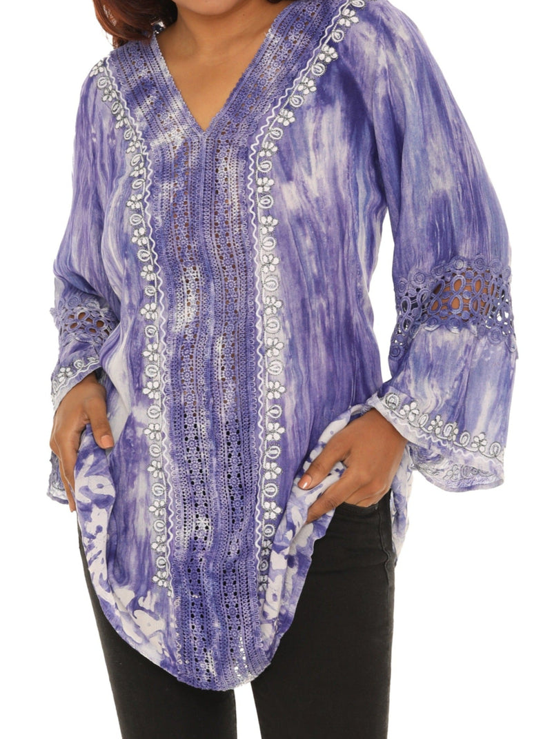 Tie-Dye Lace-Accent V-Neck Tunic