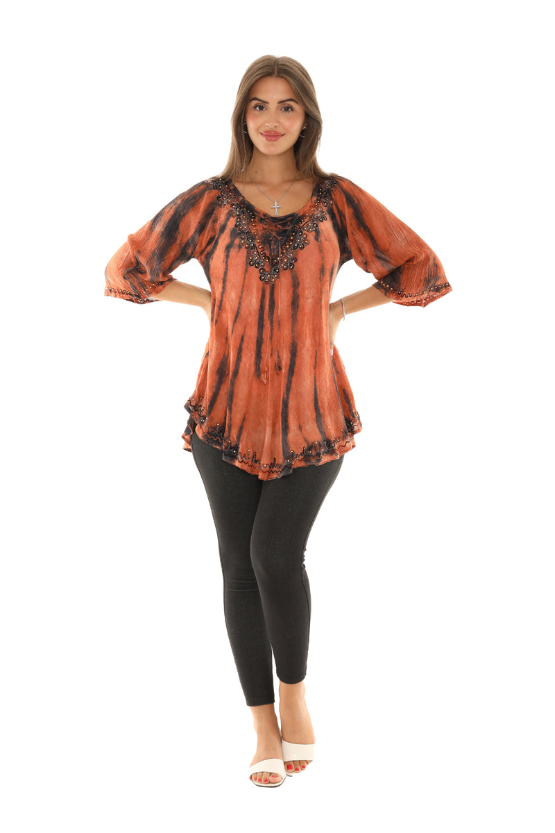 Tie Dye Tunic with Neckline Embroidery