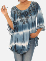 Tie-Dye Embroidered Three-Quarter Sleeve Top