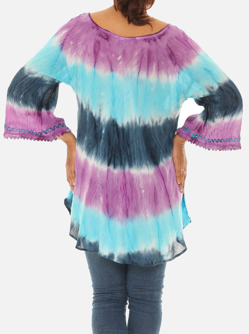 Tie-Dye Embroidered Three-Quarter Sleeve Top