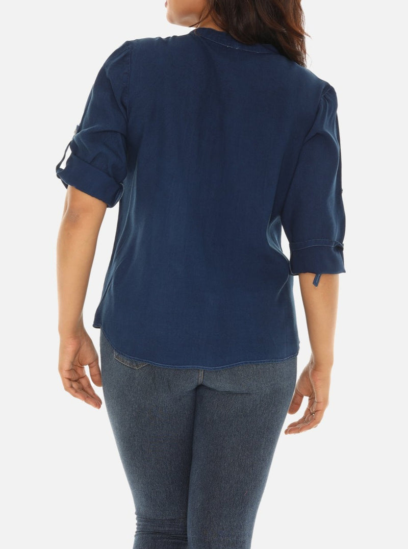V-Neck Pin-Tuck Button-Front Tunic For Women