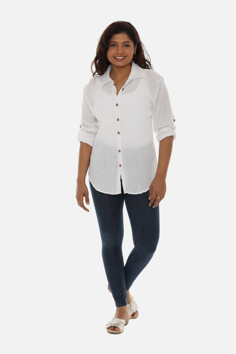 Crinkled Fabric Button Down Shirt For Women
