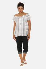 Women's Stripes Top with Short Sleeves and Tie Closure on the Neck