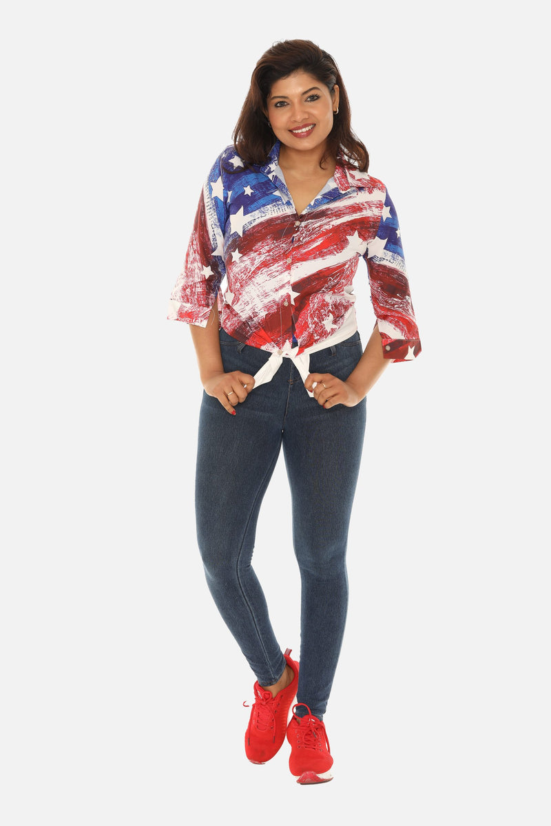 American Flag Print Button-Down Shirt for Women