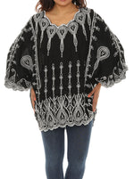 Paisley Embroidered Cape-Sleeve Top