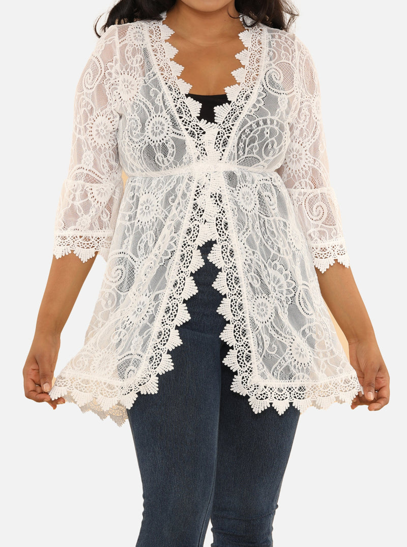 Long Sleeve Lace and Mesh Embroidered Tunic Top