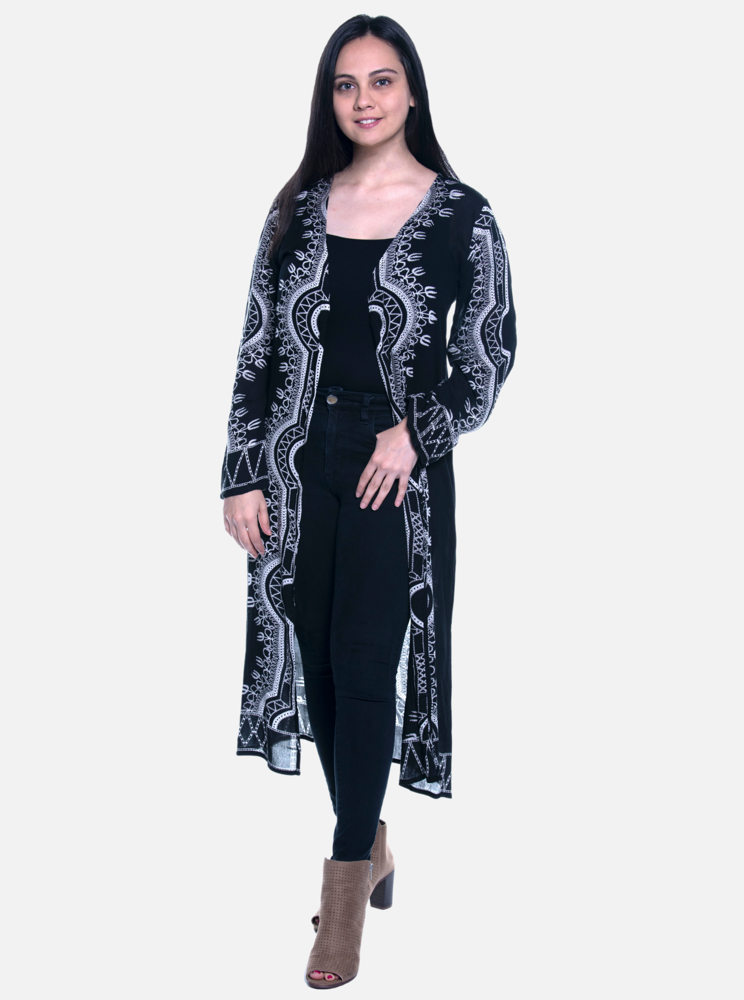 Women Long Block Printed Rayon Cardigan - Shoreline Wear, Inc.