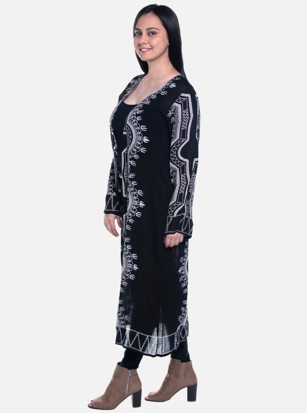 Women Long Block Printed Rayon Cardigan