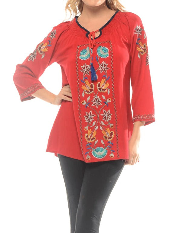Embroidered flowers three-quarter sleeve top