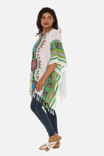 Bohemian Breeze: White Cotton Caftan with Multi-Colored Tribal Print and Tassels