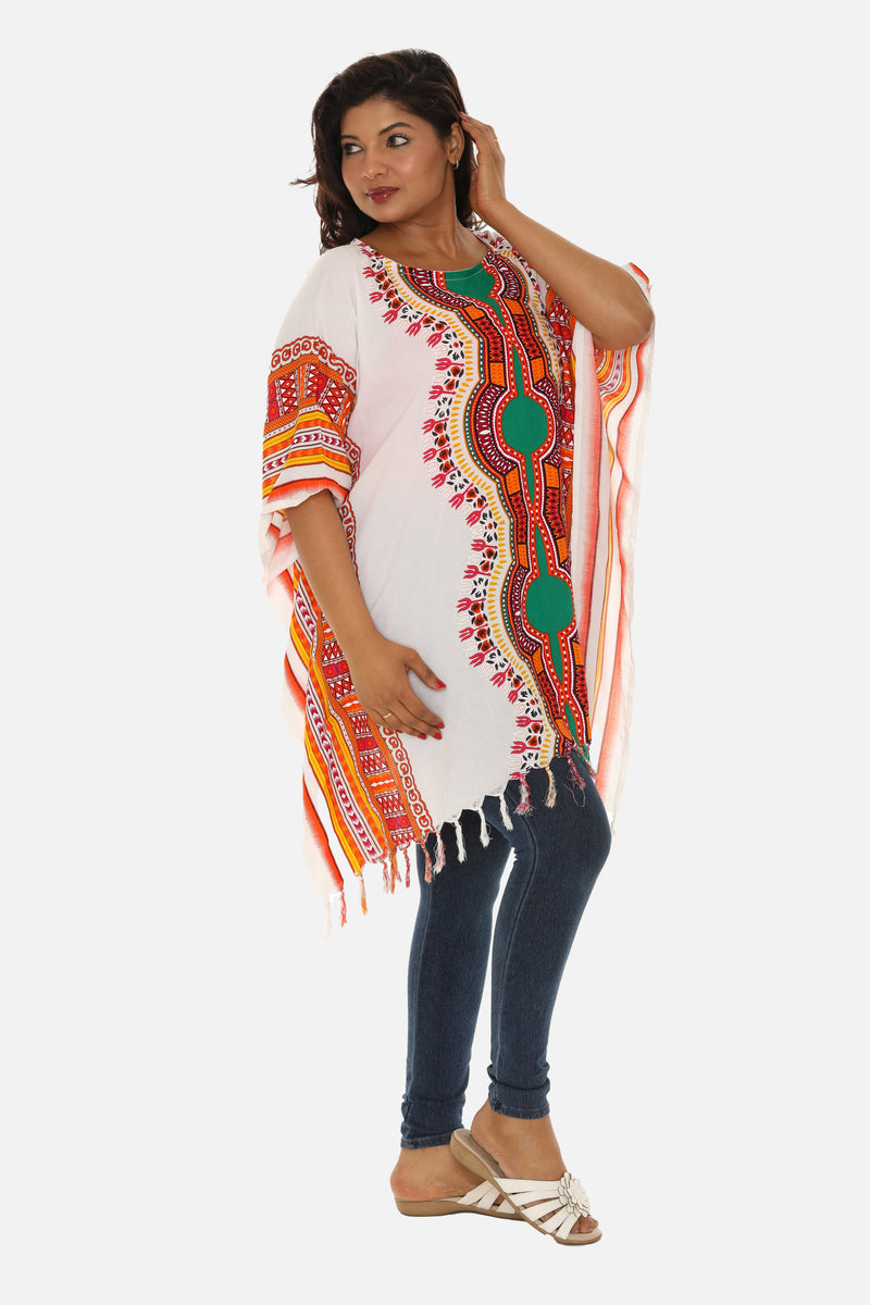 Bohemian Breeze: White Cotton Caftan with Multi-Colored Tribal Print and Tassels