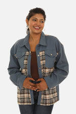 Women's Plaid Patchwork Cotton Twill Denim Button Jacket