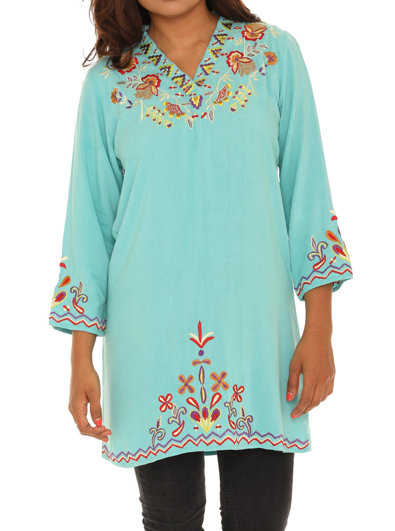 Floral Embroidered V- Neck Three-quarters Tunic