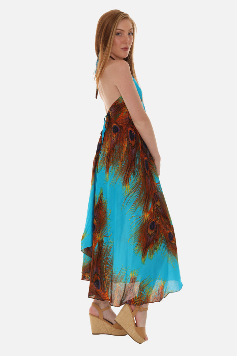 Peacock Feather Print Halter Midi Dress in Breathable Cotton ONE SIZE / TURQ Peacock Feather Print Halter Midi Dress in Breathable Cotton ONE SIZE / TURQ