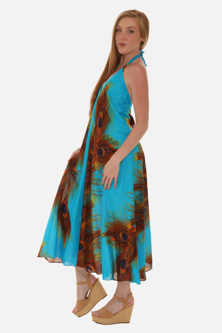 Peacock Feather Print Halter Midi Dress in Breathable Cotton ONE SIZE / TURQ Peacock Feather Print Halter Midi Dress in Breathable Cotton ONE SIZE / TURQ