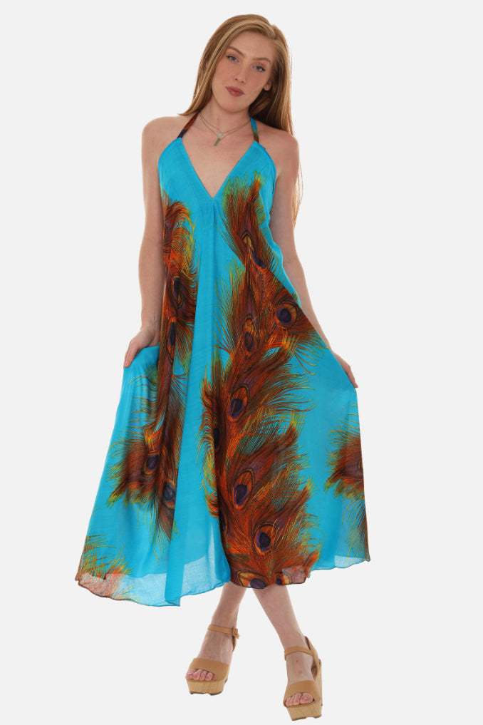 Peacock Feather Print Halter Midi Dress in Breathable Cotton One Size / Turq Peacock Feather Print Halter Midi Dress in Breathable Cotton One Size / Turq