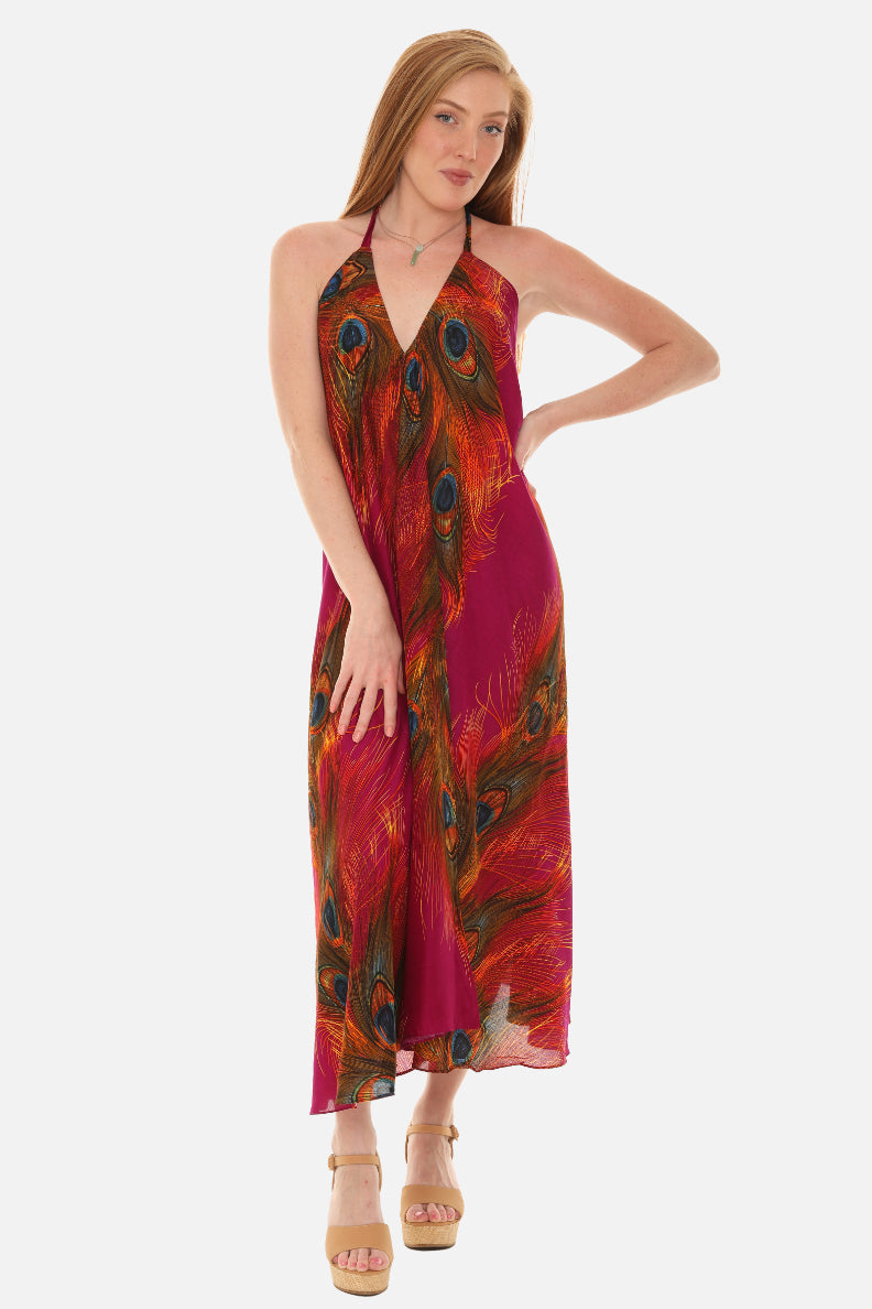 Peacock Feather Print Halter Midi Dress in Breathable Cotton ONE SIZE / TURQ Peacock Feather Print Halter Midi Dress in Breathable Cotton ONE SIZE / TURQ
