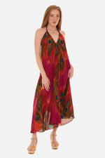 Peacock Feather Print Halter Midi Dress in Breathable Cotton