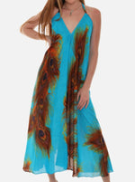 Peacock Feather Print Halter Midi Dress in Breathable Cotton