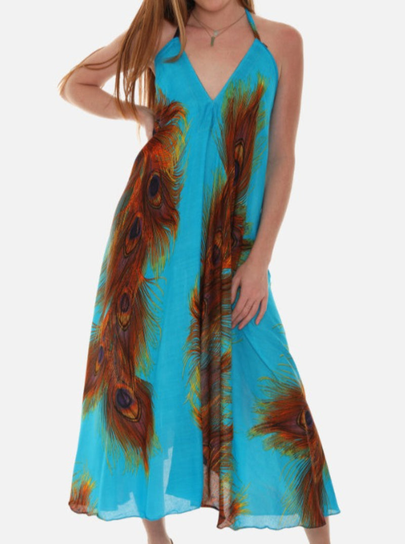 Peacock Feather Print Halter Midi Dress in Breathable Cotton ONE SIZE / TURQ Peacock Feather Print Halter Midi Dress in Breathable Cotton ONE SIZE / TURQ