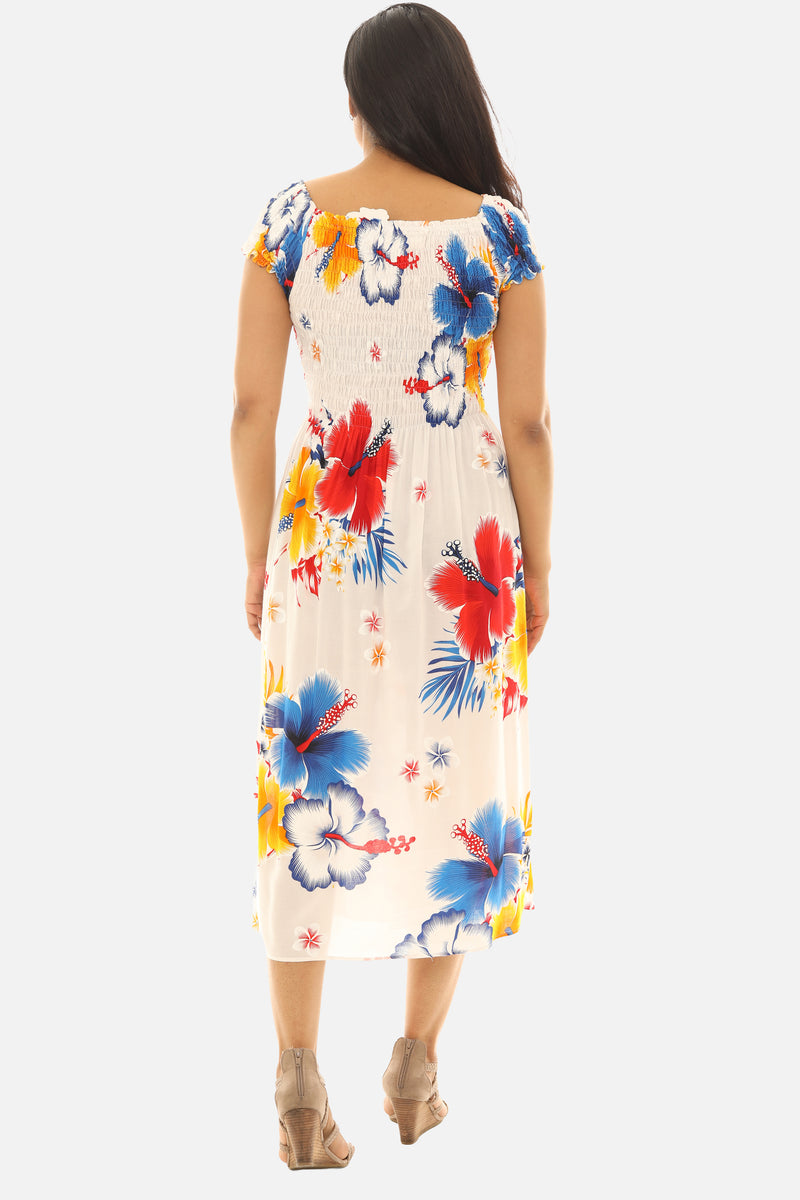 Women's Tropical Smocked Midi Dress Hibiscus Print