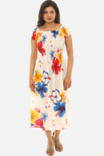 Women's Tropical Smocked Midi Dress Hibiscus Print