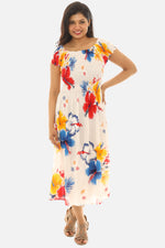 Women's Tropical Smocked Midi Dress Hibiscus Print