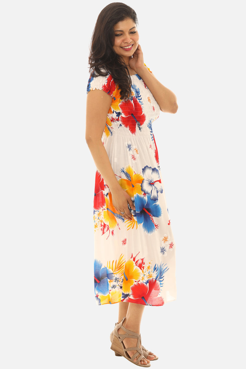 Women's Tropical Smocked Midi Dress Hibiscus Print