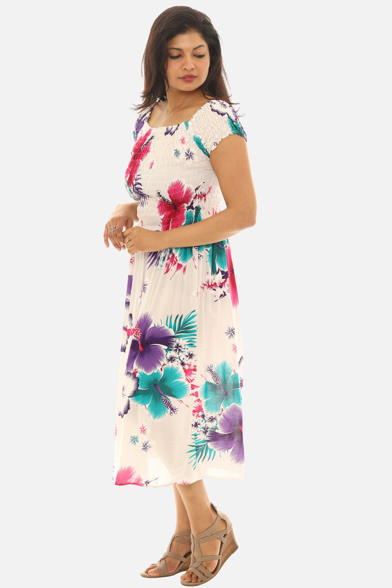 Women's Tropical Smocked Midi Dress Hibiscus Print