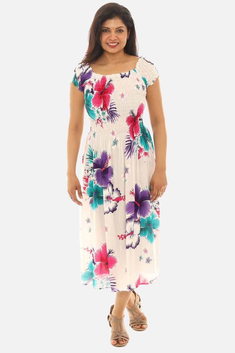 Women's Tropical Smocked Midi Dress Hibiscus Print