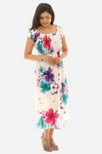 Women's Tropical Smocked Midi Dress Hibiscus Print