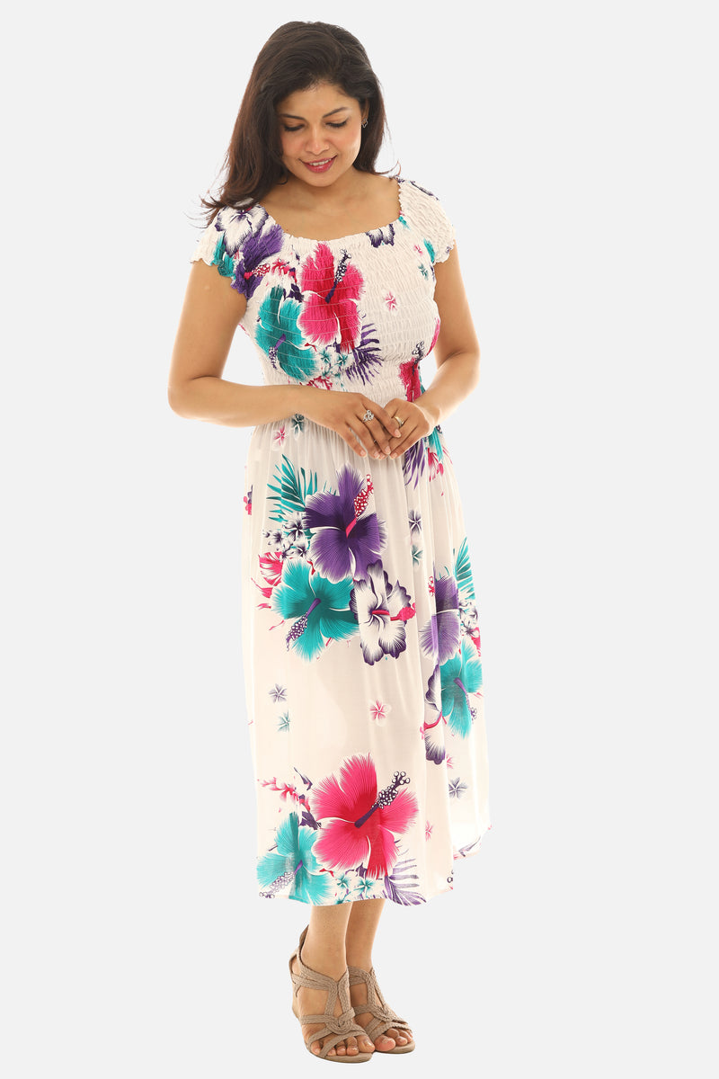 womens tropical dress Women's Tropical Smocked Midi Dress Hibiscus Print