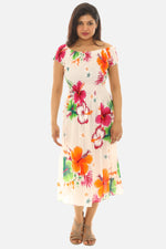 Women's Tropical Smocked Midi Dress Hibiscus Print