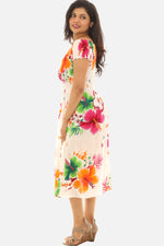 Women's Tropical Smocked Midi Dress Hibiscus Print