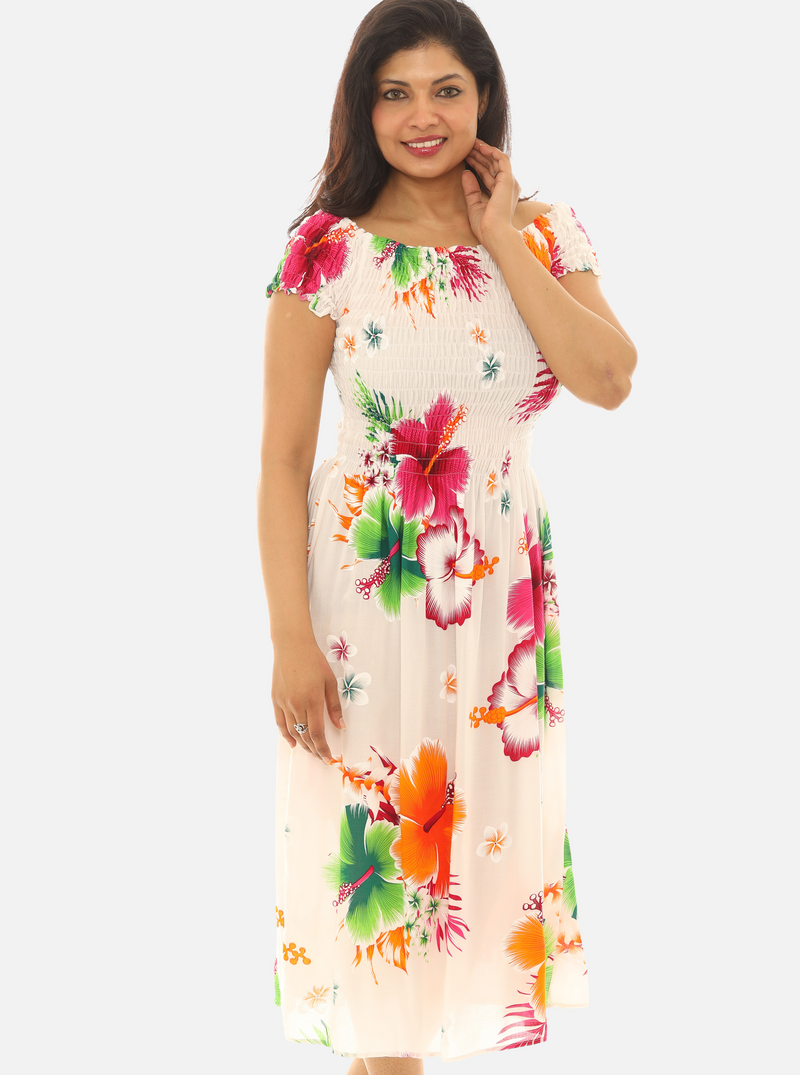 Women's Tropical Smocked Midi Dress Hibiscus Print