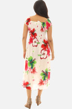 Women's Tropical Smocked Midi Dress Hibiscus Print