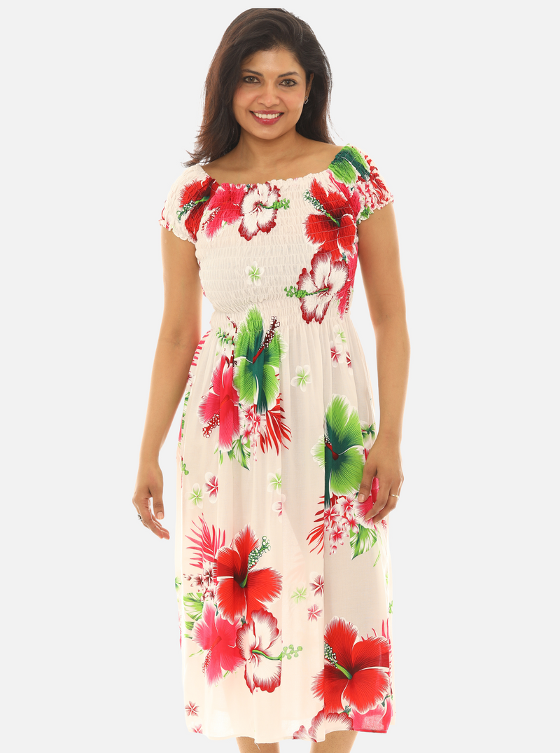 Women's Tropical Smocked Midi Dress Hibiscus Print