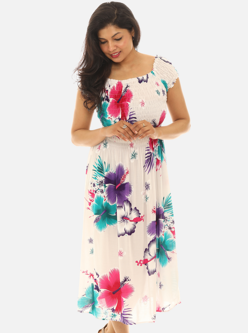 Women's Tropical Smocked Midi Dress Hibiscus Print
