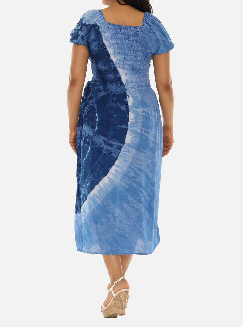 blue tie dye midi dress Indigo Tie Dye Boho Dress Free Size Rayon Midi Dress