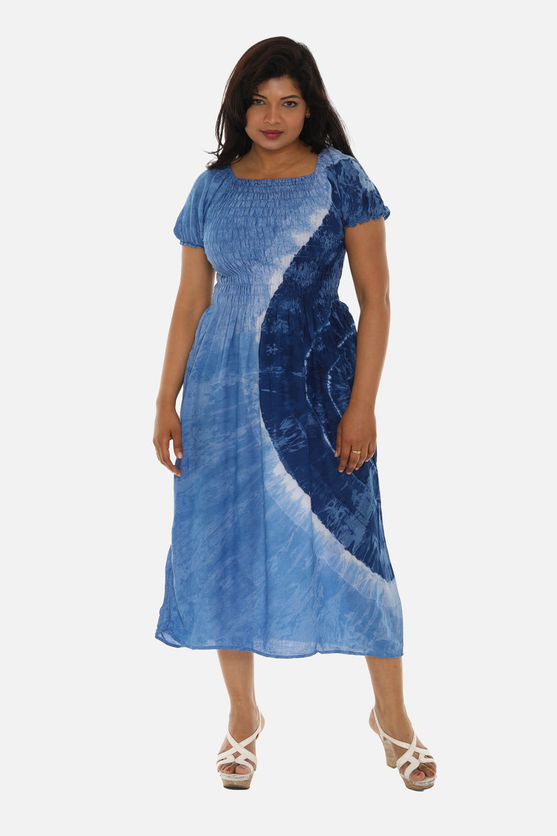 Blue Tie-Dye Smocked Top Short Sleeve Midi Dress For Women - Shoreline Wear, Inc. Blue Tie-Dye Smocked Top Short Sleeve Midi Dress For Women - Shoreline Wear, Inc.