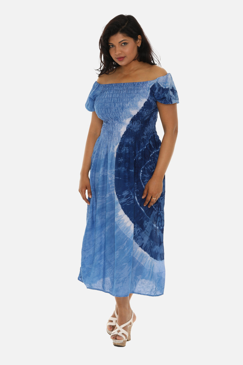 Blue Tie-Dye Smocked Top Short Sleeve Midi Dress For Women