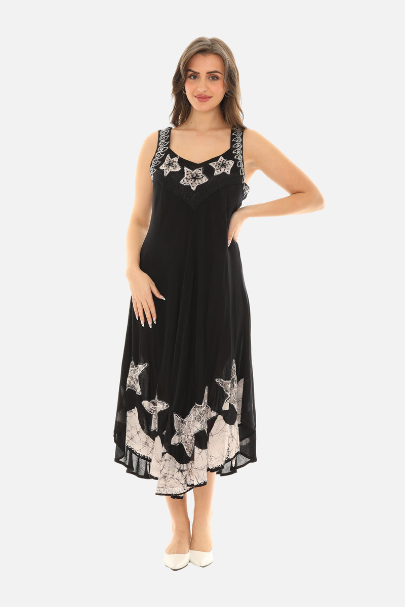 Sleeveless Midi Dress with Embroidered Star Motif - 4X / Black Sleeveless Midi Dress with Embroidered Star Motif - 4X / Black