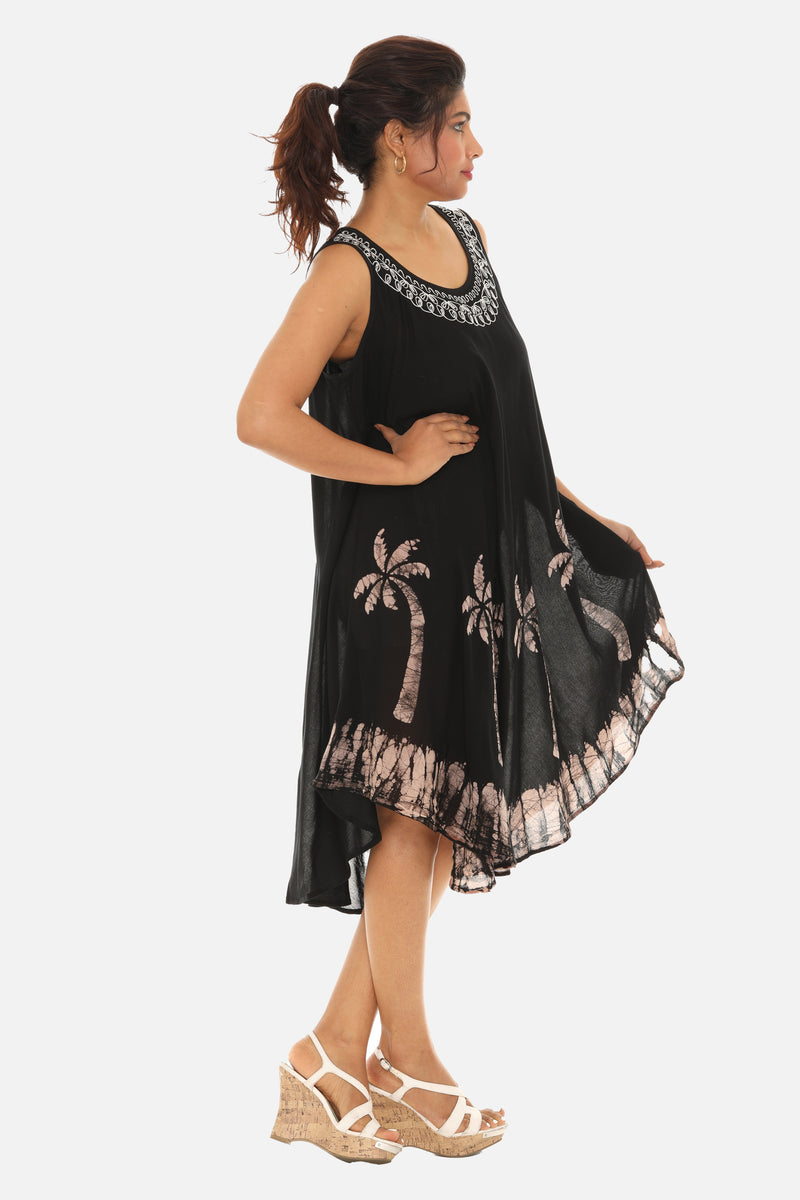 Palm Tree Batik Asymmetrical Hem Shift Dress - ONE SIZE PLUS / Black Palm Tree Batik Asymmetrical Hem Shift Dress - ONE SIZE PLUS / Black